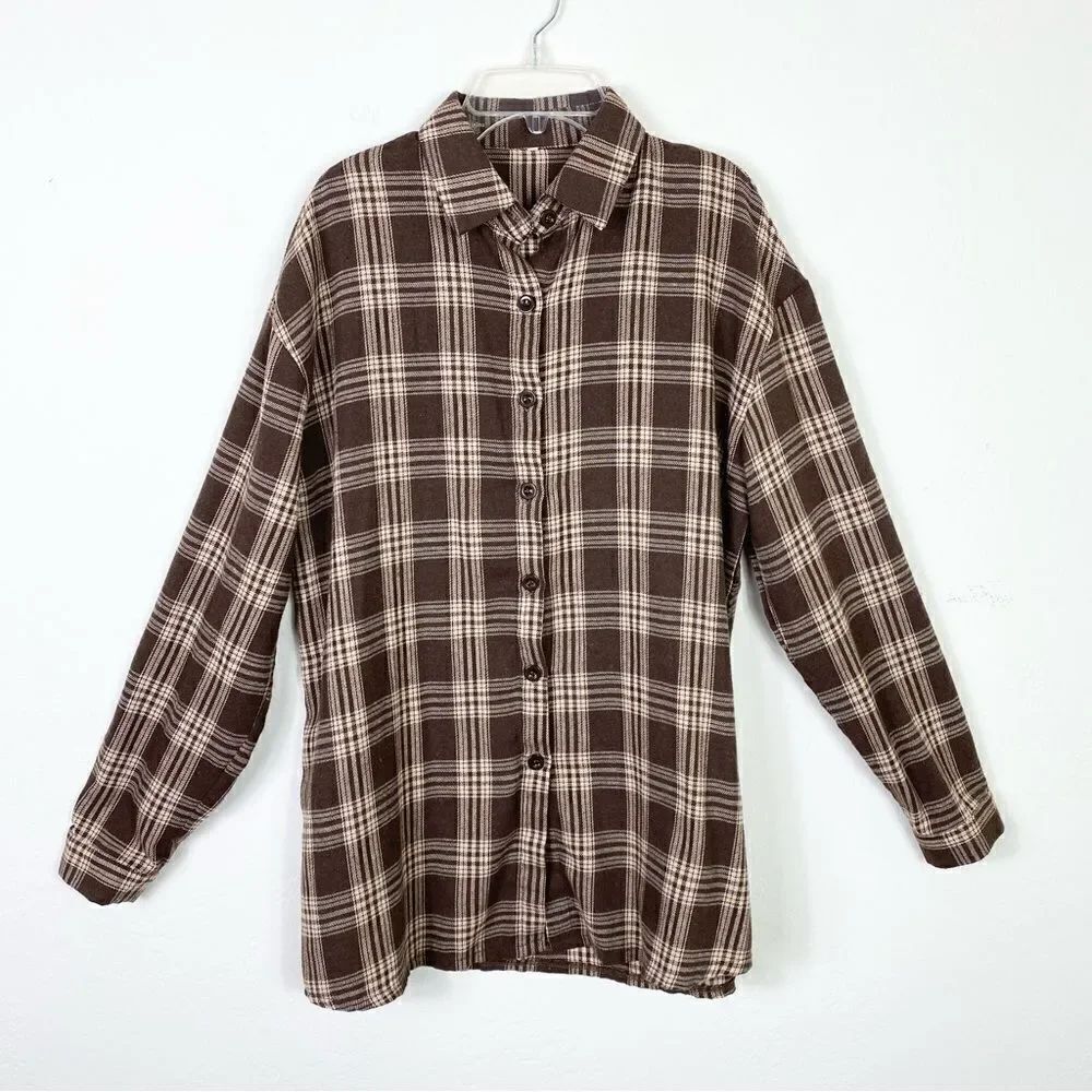 Brown & Cream Plaid Long Sleeve Button Up Flannel Shirt